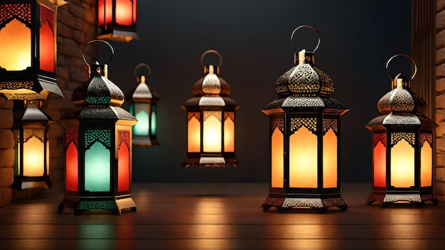 Ramadan Lantern Mosque and Crescent Moon Decoration Background 3d Render