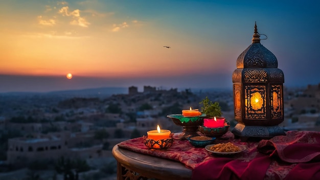 Ramadan lantern at night with lights in the background