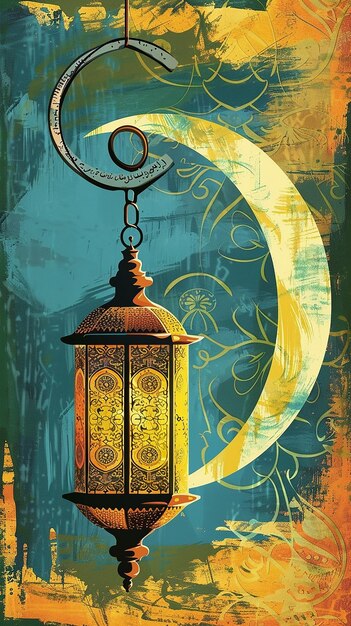 Photo ramadan lantern with crescent moon in the background