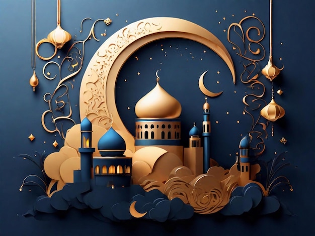 Ramadan lantern with crescent moon on night sky background Generative AI