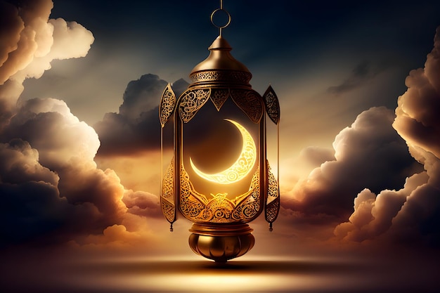 Ramadan lantern with crescent moon on night sky background Generative AI