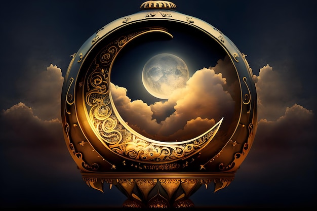 Ramadan lantern with crescent moon on night sky background Generative AI