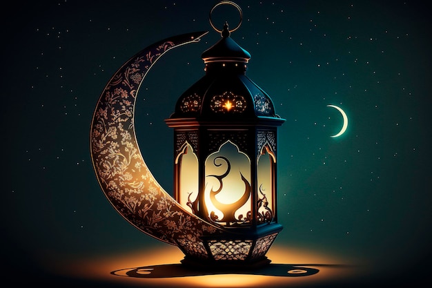 Ramadan lantern with crescent moon on night sky background