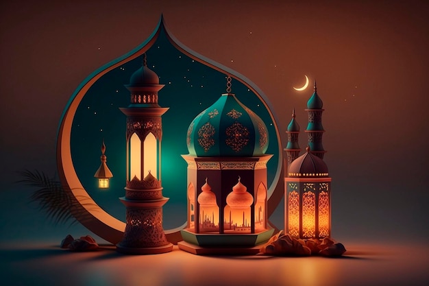 Ramadan lantern with crescent moon on night sky background