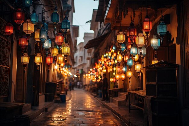 Ramadan Lanterns Hanging in Decorated Alley