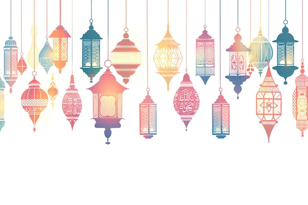 Ramadan lanterns hanging silhouette greeting card for mawlid al nabi in red black and gold colors