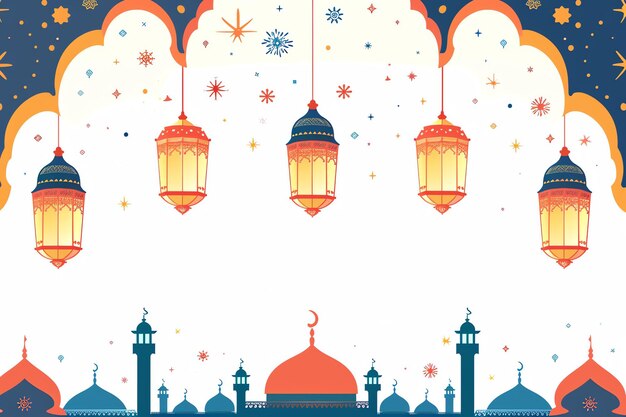 Ramadan lanterns hanging silhouette greeting card for mawlid al nabi in red black and gold colors