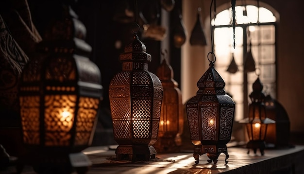 Ramadan lanterns illuminate old Arabic architecture at night generated by AI