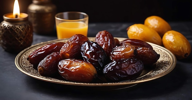 Ramadan lanterns and a plate of dates fruits on the table for ramadan kareem dark background Generated with AI