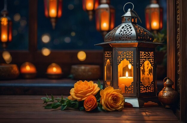 Ramadan lanterns with glowing candles and a floral arrangement