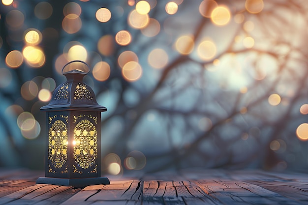 ramadan light lantern on wooden background with shiny bokeh lights