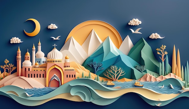 Ramadan mosque paper quilling mountain and sea landscape cutting paper blue background ai generated