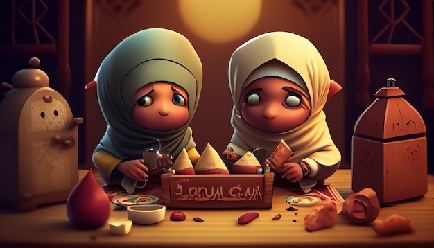 Ramadan Mubarak cartoon Ramadan the holy time for prayer generative ai