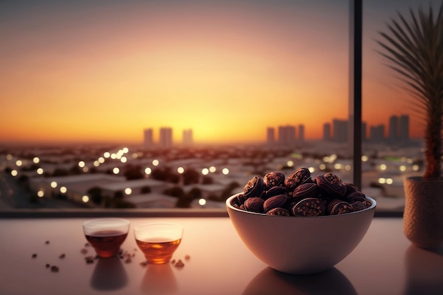 Ramadan Mubarak Concept date fruits sunset background