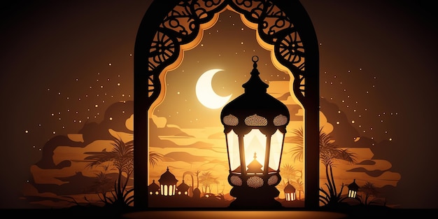 Ramadan Mubarak Concept A minimalistic illustrative design lantern on Islamic background