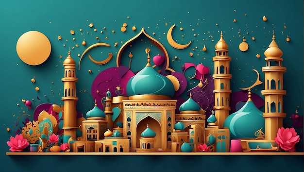 Ramadan Mubarak Golden Mousque with moon Background