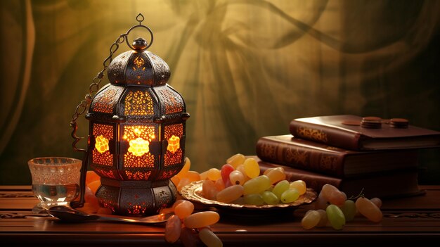 Ramadan mubarak islamic elegant lamp with holy quran and fruits