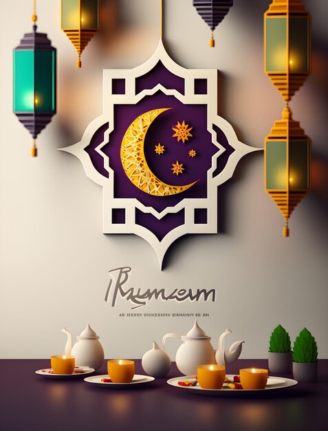 Photo ramadan mubarak islamic greeting card with moon stars