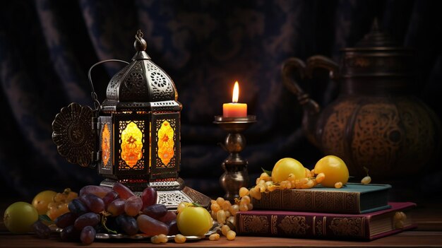 Ramadan mubarak lantern and some fruits on a table with a candle