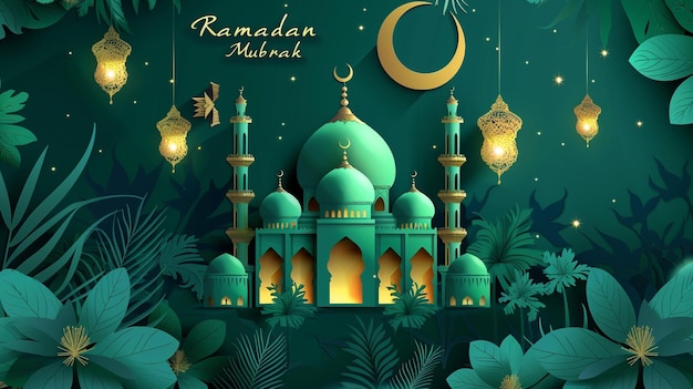 Ramadan Mubarak poster with a 3D papercut design