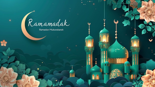 Ramadan Mubarak poster with a 3D papercut design