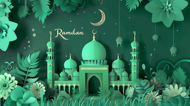 Ramadan Mubarak poster with a 3D papercut design