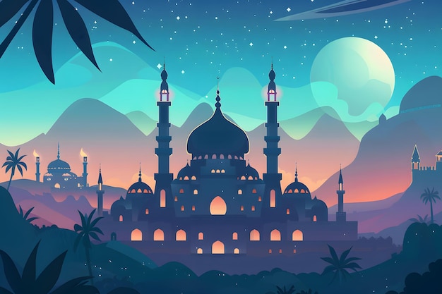 Ramadan Mubarak Ramadan Kareem Muslim celebration of Ramadan festival Flat design style