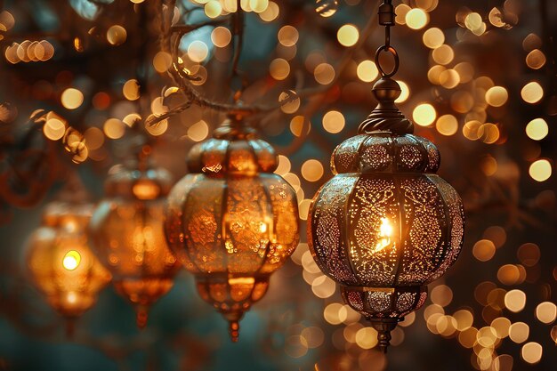 Ramadan Mubarak Symbols Hanging Gold Lanterns Generative Ai