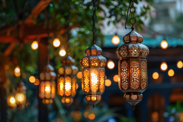 Ramadan Mubarak Symbols Hanging Gold Lanterns Generative Ai