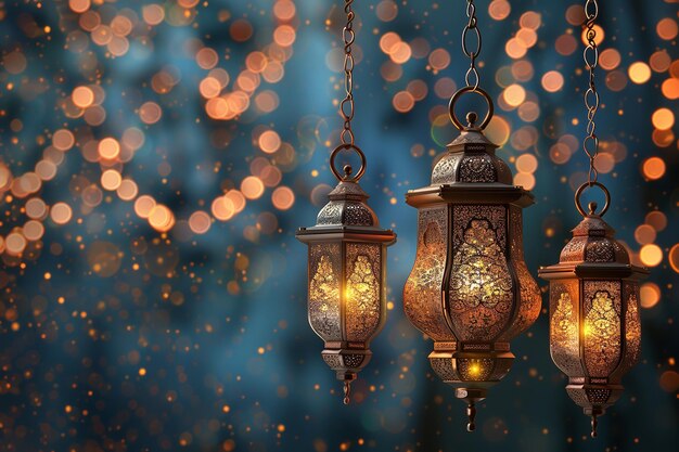 Ramadan Mubarak Symbols Hanging Gold Lanterns Generative Ai