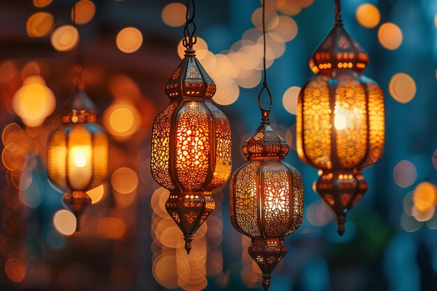 Ramadan Mubarak Symbols Hanging Gold Lanterns Generative Ai