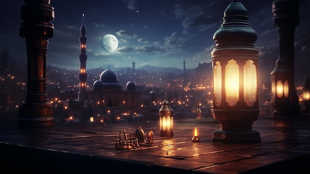 Ramadan night illuminated by lanterns praying in the ancient minaret