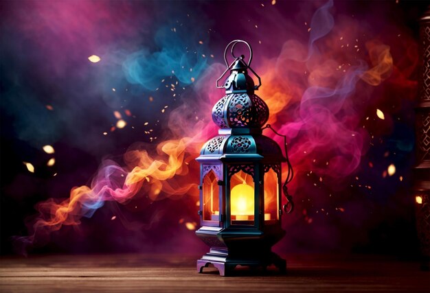 Ramadan poster photo of beautiful lantern decoration with nice colorful background