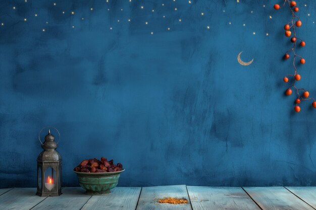 Photo ramadan ramzan banner with moon lantern and dates