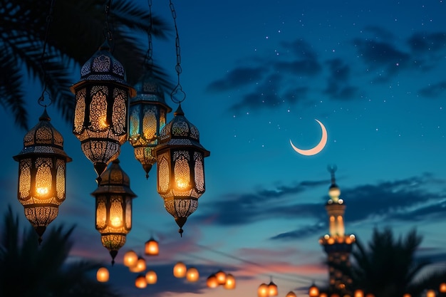 Ramadan scene with traditional lanterns emitting a warm glow