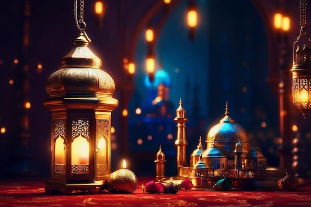 Ramadan shiny background with mosque and lantern