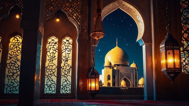 Ramadan shiny background with mosque and lantern