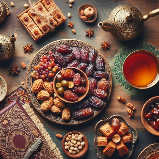 Ramadan table top view Banner with traditional Arabic dishes and food sets stock photo