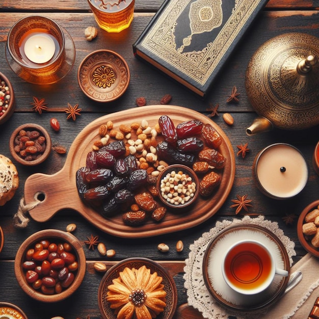 Ramadan table top view Banner with traditional Arabic dishes and food sets stock photo