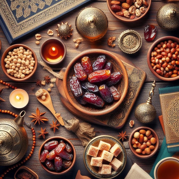 Ramadan table top view Banner with traditional Arabic dishes and food sets stock photo