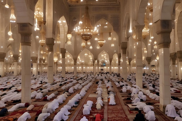 Ramadan Taraweeh Prayer A Grand Mosque Filled with Devotees in Prayer Rows