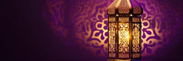 ramadan theme poster banner with purple and gold background