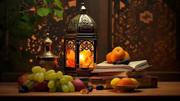 Ramadan vintage lamp and islamic book with fruits on a wooden background