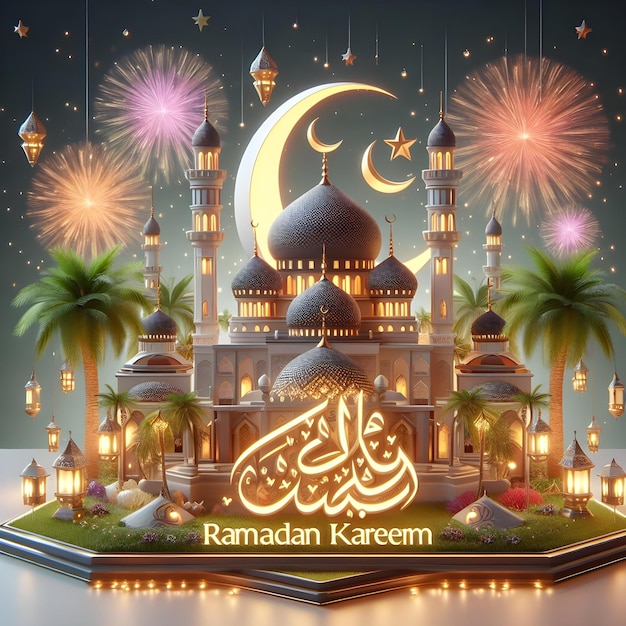 Ramadan wallpaper with Ramadan crescent and mosque