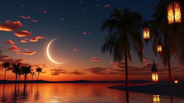 Ramadhan background featuring crescent moon shining over a desert oasis with palm trees and lantern