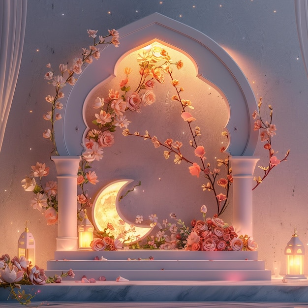 Ramadhan night with islamic archpastel floral and light of moon