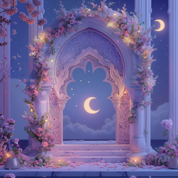 Ramadhan night with islamic archpastel floral and light of moon