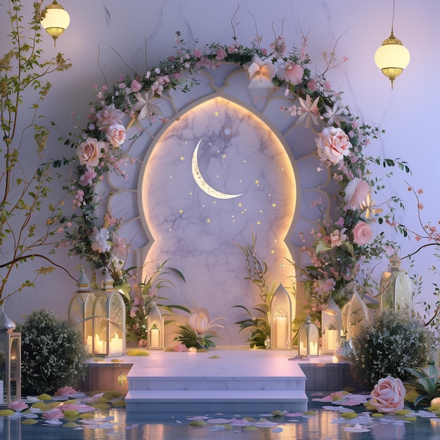 Ramadhan night with islamic archpastel floral and light of moon