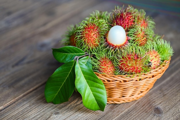 Rambutan fruit on basket background harvest from the garden rambutan tree Fresh and ripe rambutan sweet tropical fruit peeled rambutan with leaf