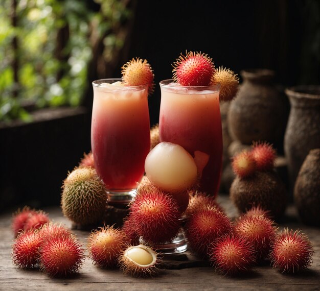 Rambutan juice in a glass with fresh fruits on wooden table